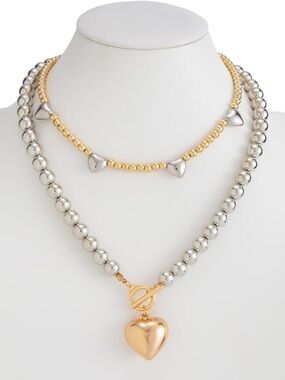 Anthropologie Two-Tier Gold & Silver Heart Pendant Necklace